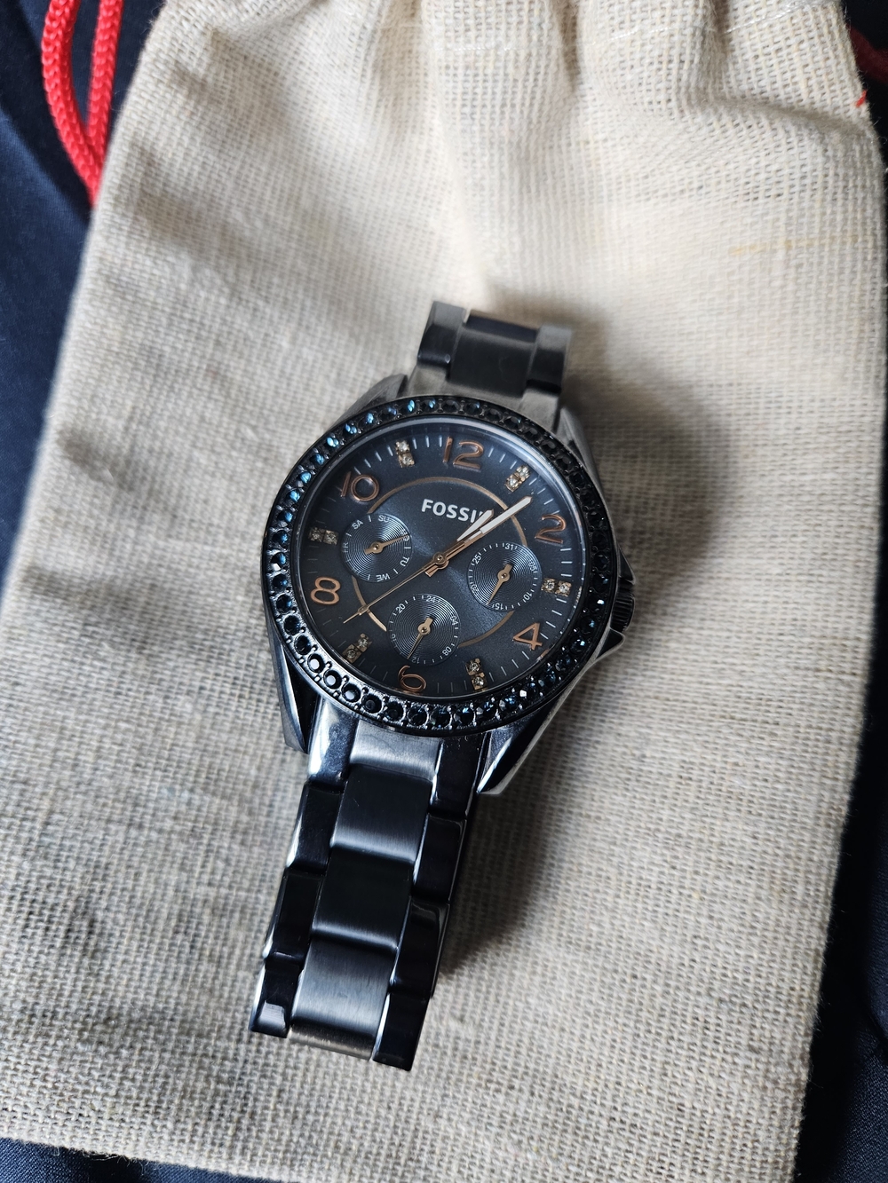 Fossil Black Stainless Steel Crystal Bezel Watch